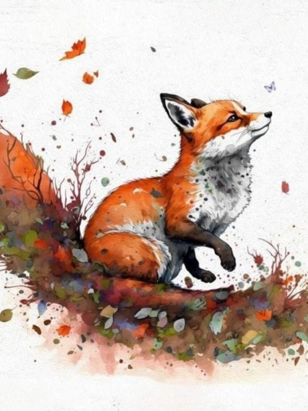 4x6 Fox Playing with Butterfly Autumn Leaves Art Print
